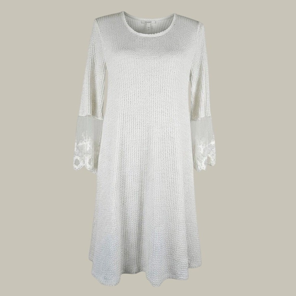 Francescas Alya Dress Womens Sz M Cream Waffle Knit Lace Bell Sleeve Boho NEW